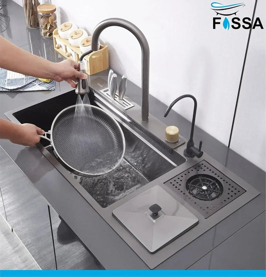 (37x 18 x 10) Inch Premium Waterfall Dustbin Honeycomb Kitchen Sink Black
