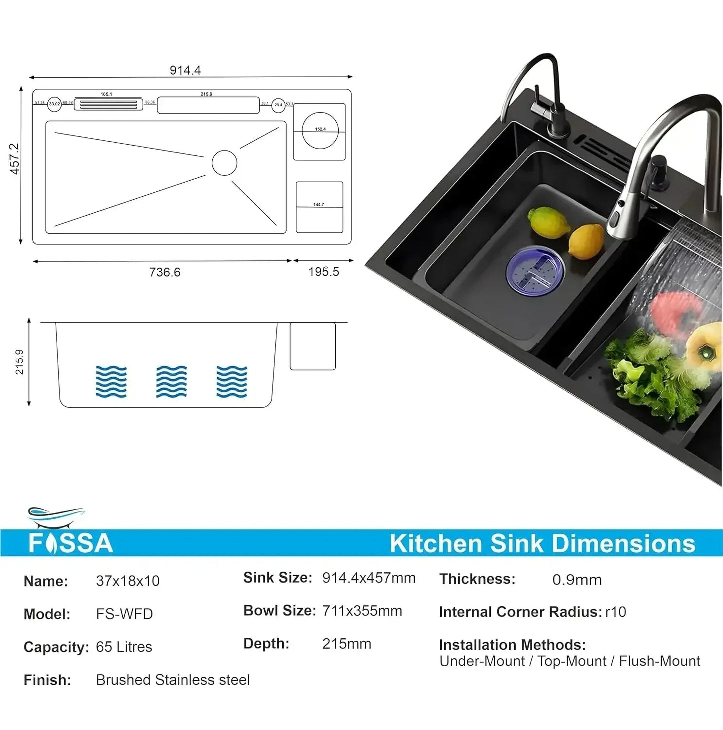 (37x 18 x 10) Inch Premium Waterfall Dustbin Honeycomb Kitchen Sink Black
