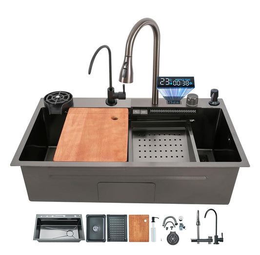 (30 x 18 x09) Inch Black 304 Piano 2 keys Smart Kitchen Sink