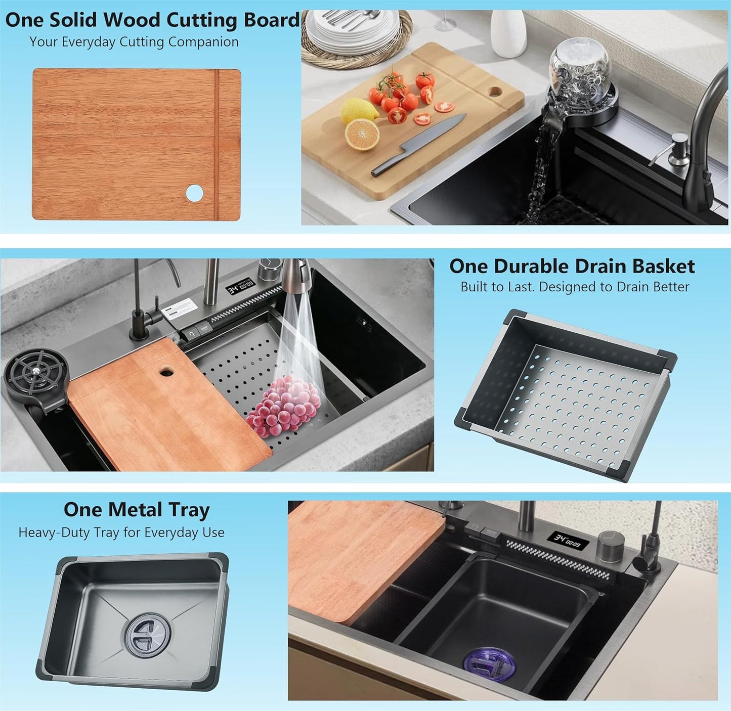 (30 x 18 x09) Inch Black 304 Piano 2 keys Smart Kitchen Sink