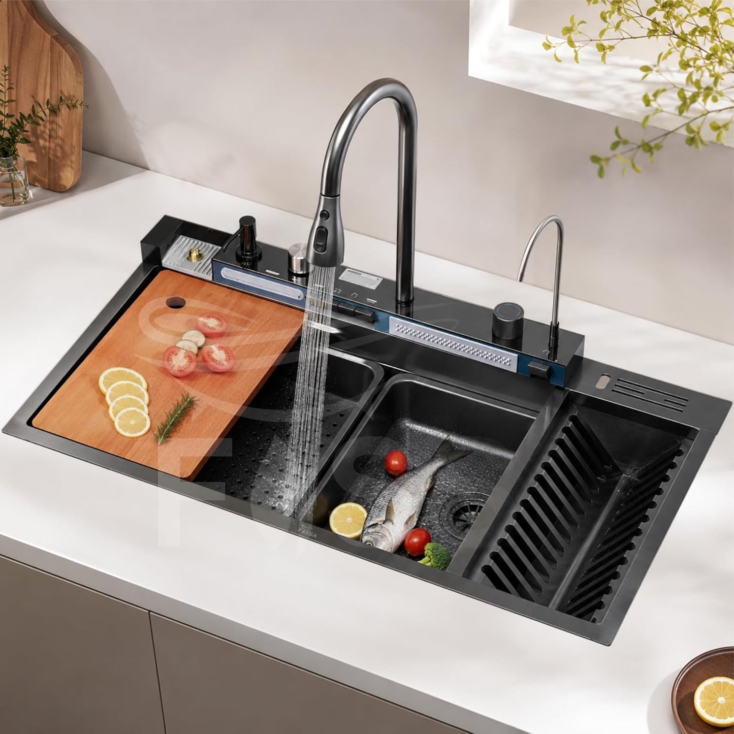 (37 x 18 x 09) Inch Premium Piano 5 Keys Smart Kitchen Sink Black