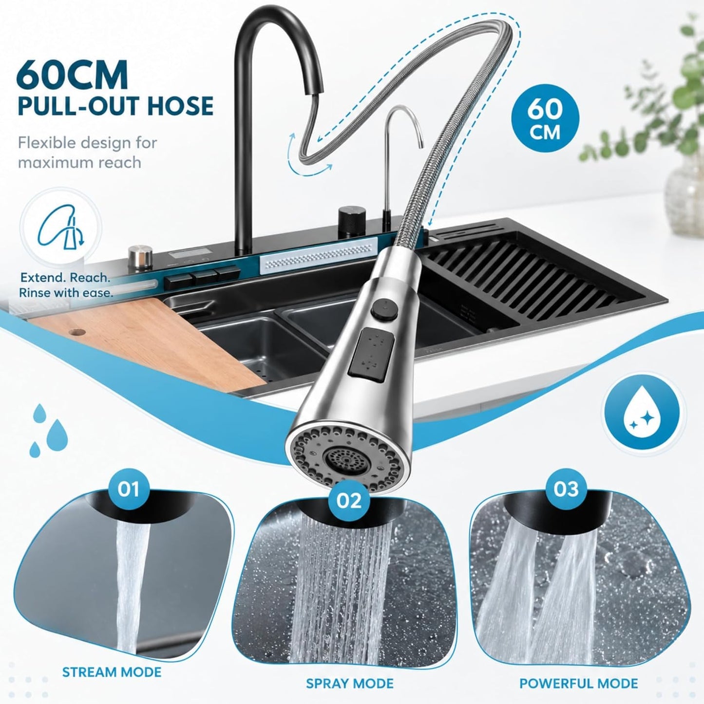 (37 x 18 x 09) Inch Premium Piano 5 Keys Smart Kitchen Sink Black