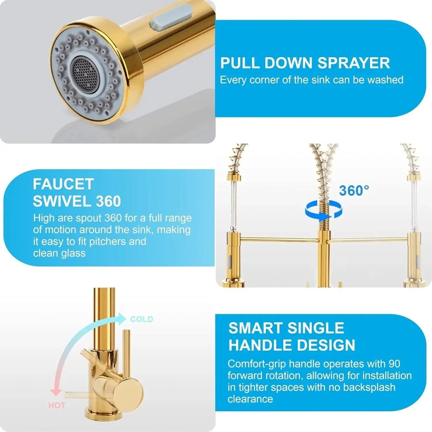 Spring Kitchen Sink Mixer Tap with Pull-Down Sprayer 360° Swivel Hot & Cold Gold Finish