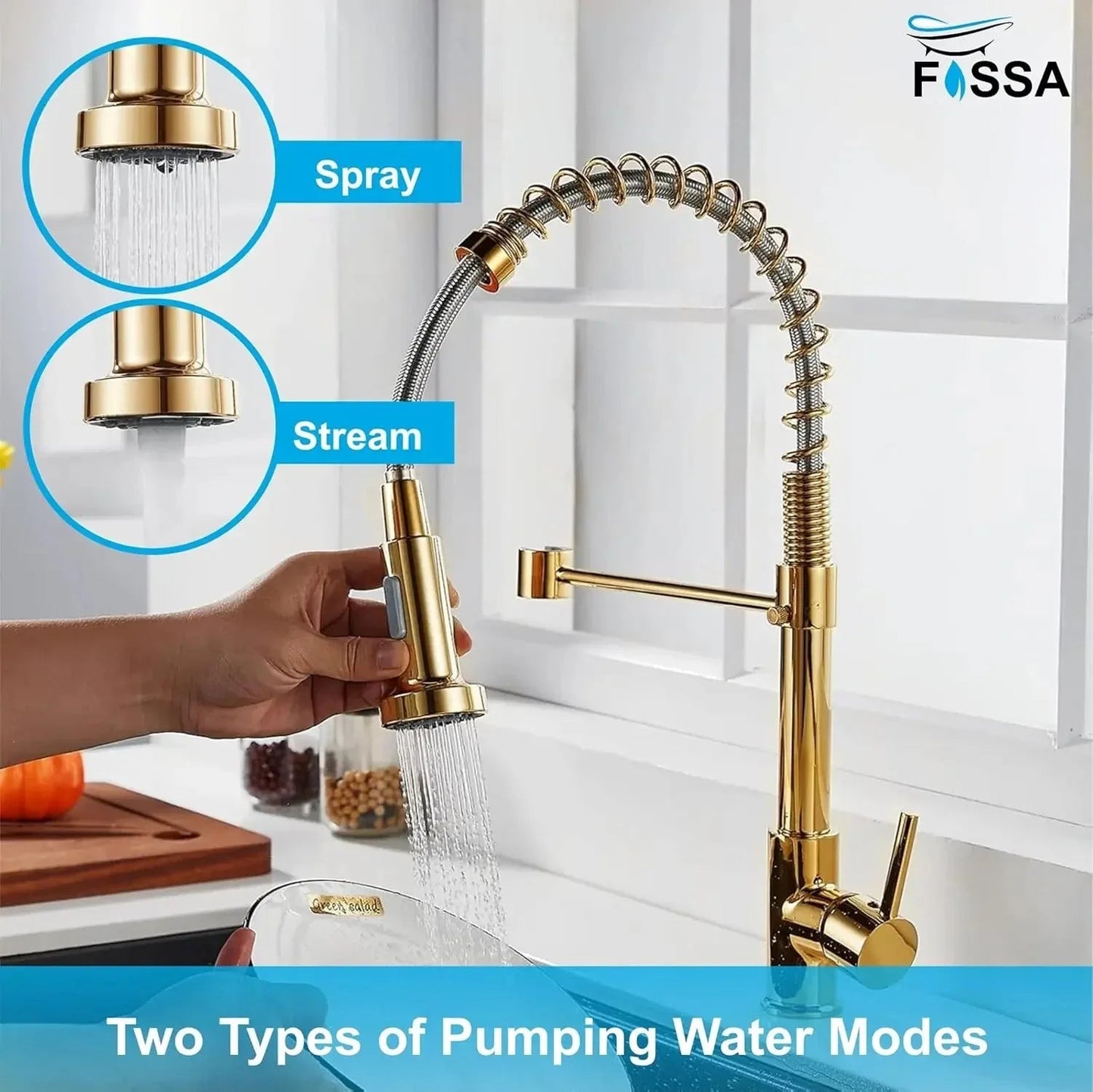 Spring Kitchen Sink Mixer Tap with Pull-Down Sprayer 360° Swivel Hot & Cold Gold Finish