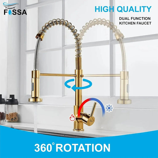 Spring Kitchen Sink Mixer Tap with Pull-Down Sprayer 360° Swivel Hot & Cold Gold Finish