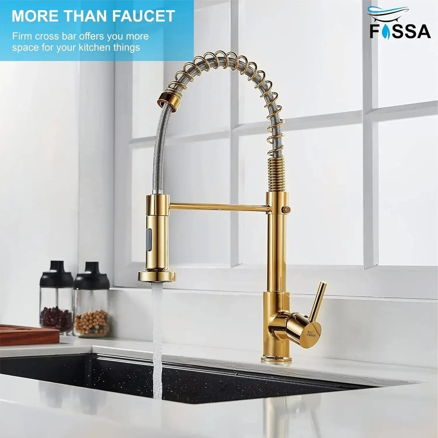 Spring Kitchen Sink Mixer Tap with Pull-Down Sprayer 360° Swivel Hot & Cold Gold Finish